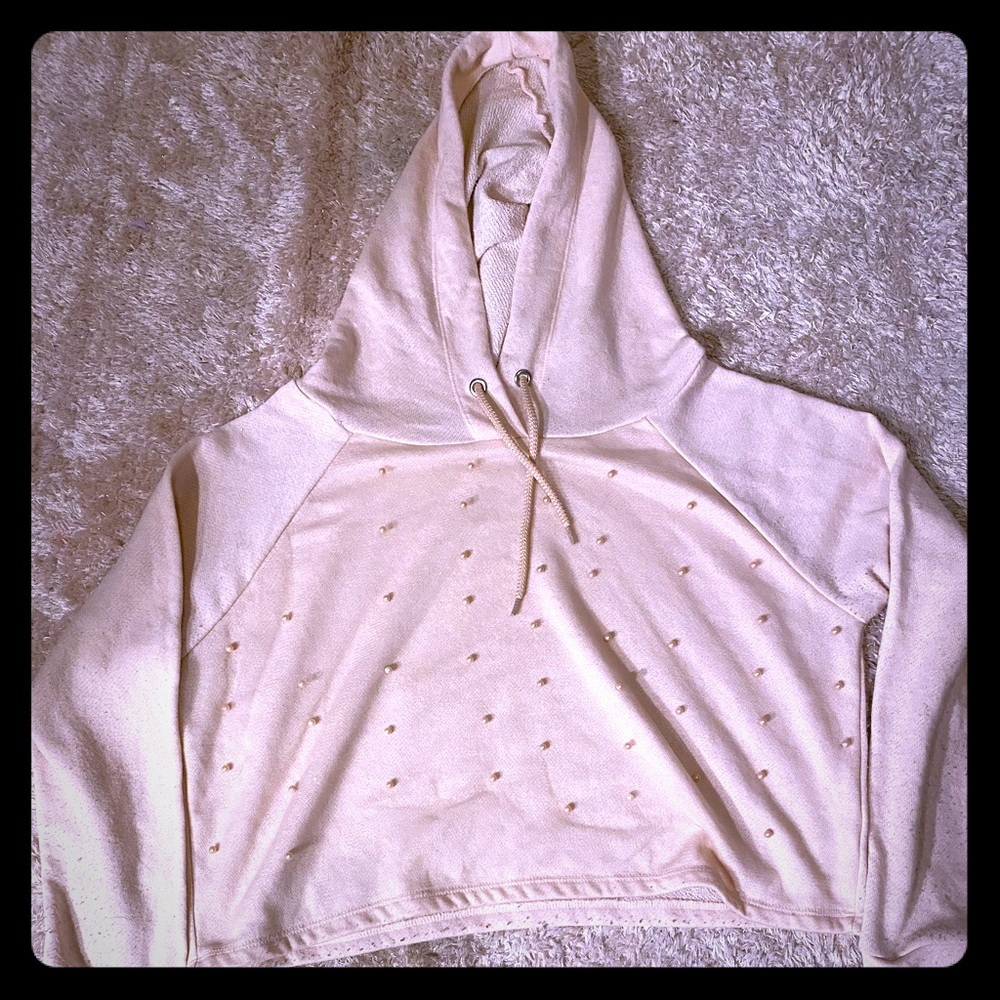 Cropped pink hoodie with pearl mesh overlay
